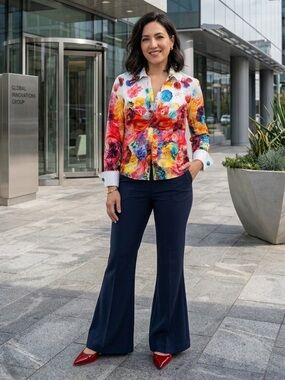 Mishca Vibrant Floral Zip-Up Jacket Shirt Blouse with French Cuffs